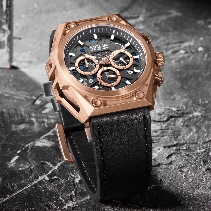 Мужские часы MEGIR кварцевые с хронографом из розового золота Классические