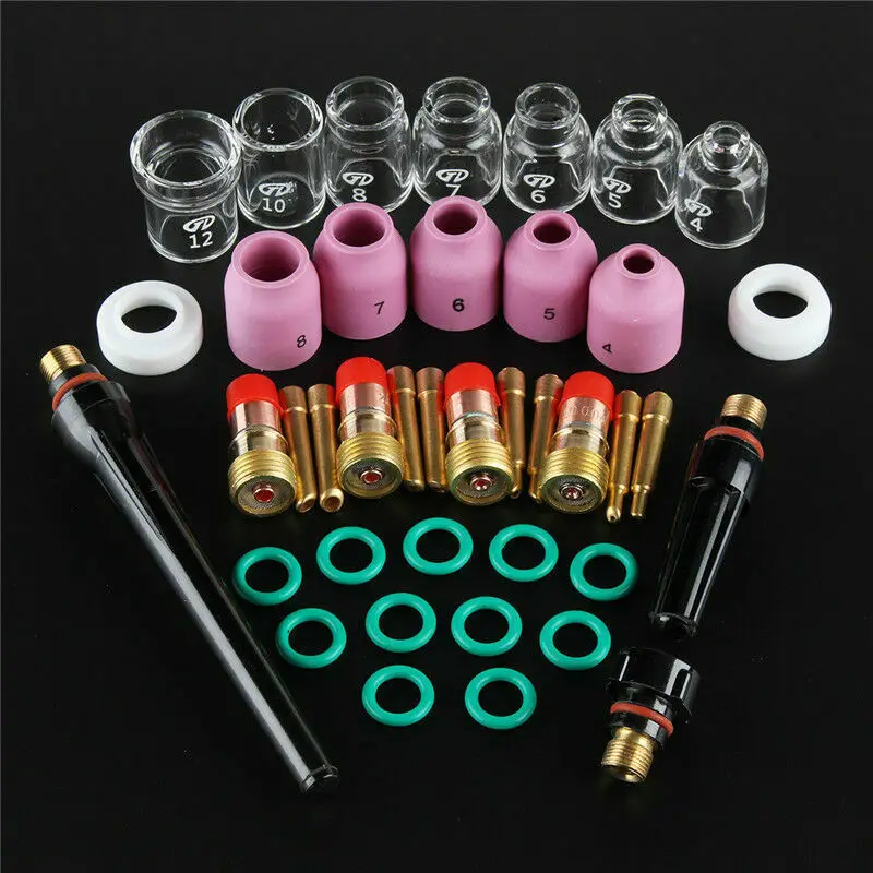 

41pcs TIG Welding Torch Stubby Gas Lens Ceramic Nozzle Heat Resistant Glass Cup Kit For WP17/18/26 2.4mm 3/32"