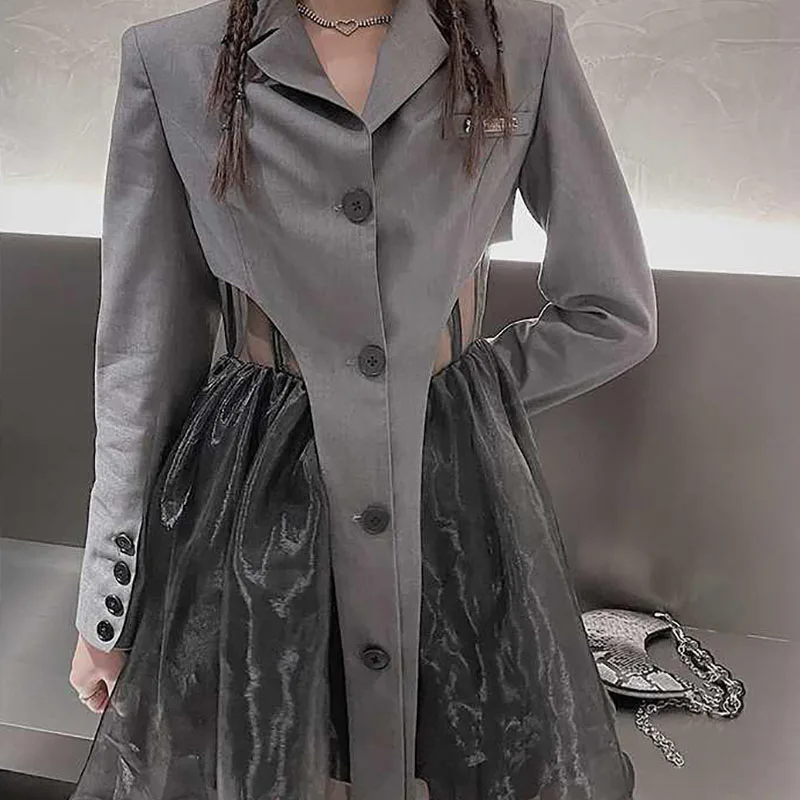 

Dark high-end fried street girly suit + organza retro suspender skirt two-piece female mid-length sweet cool style suit y2k tops