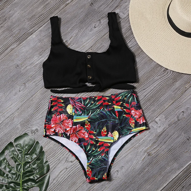

New Women Swimsuit 2021 Sexy White Printed Hight Waist Seperate Triangle Bikini Beach Swimsuit With Push Up Plus Size Bikini Set