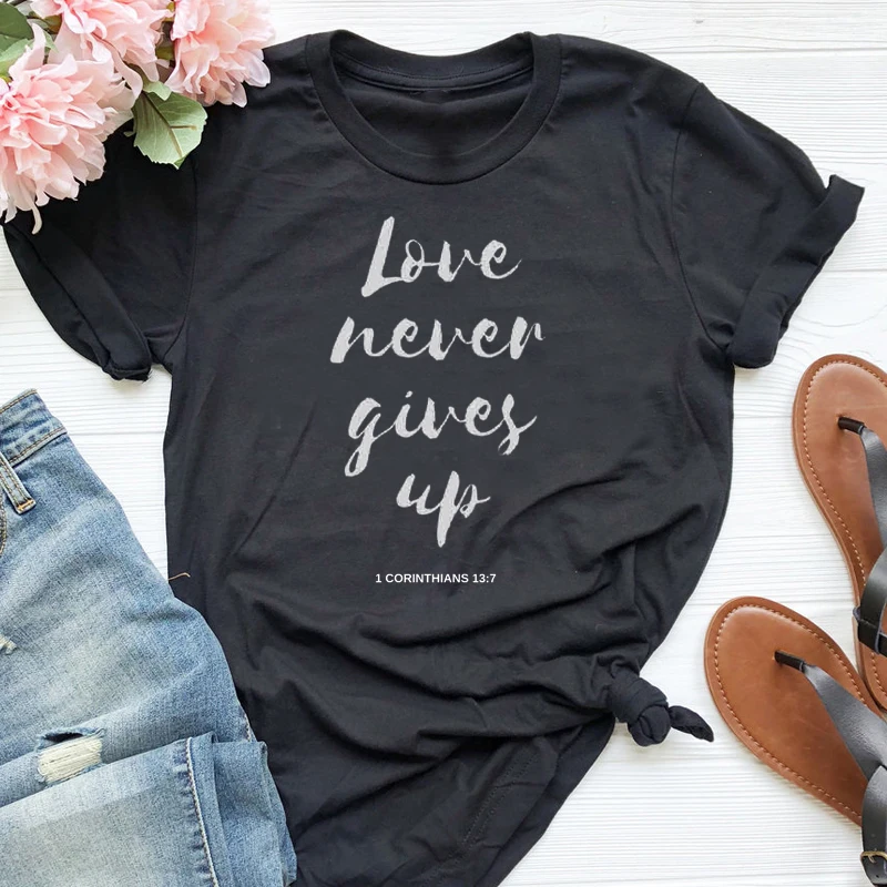 Женская футболка с надписью Love Never Give Up из чистого хлопка|Футболки| |