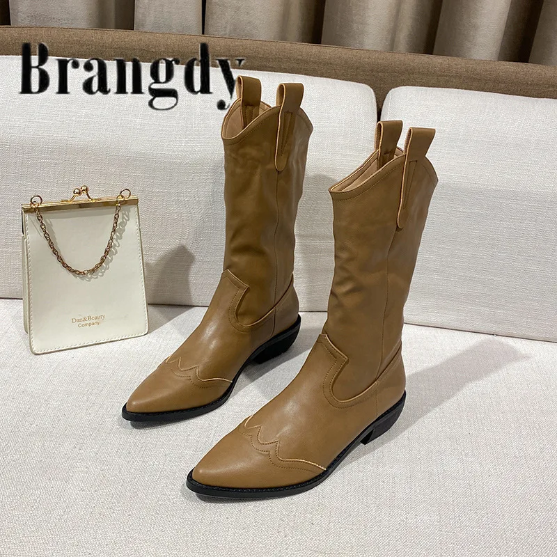 

Женские сапоги с пряжкой, женские высокие сапоги из мягкой искусственной кожи, с круглым носком, без застежки, сапоги до колена, 2021, ковбойск...