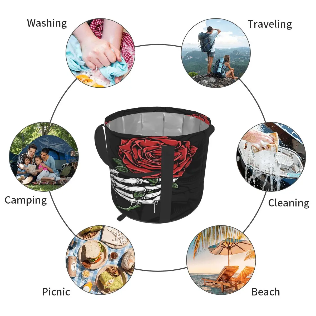

Foldable Water Bag Skull Holding Rose Outdoor Sports Camping Hiking Storge Water Bucket Picnic Water Container Lifting Carrier