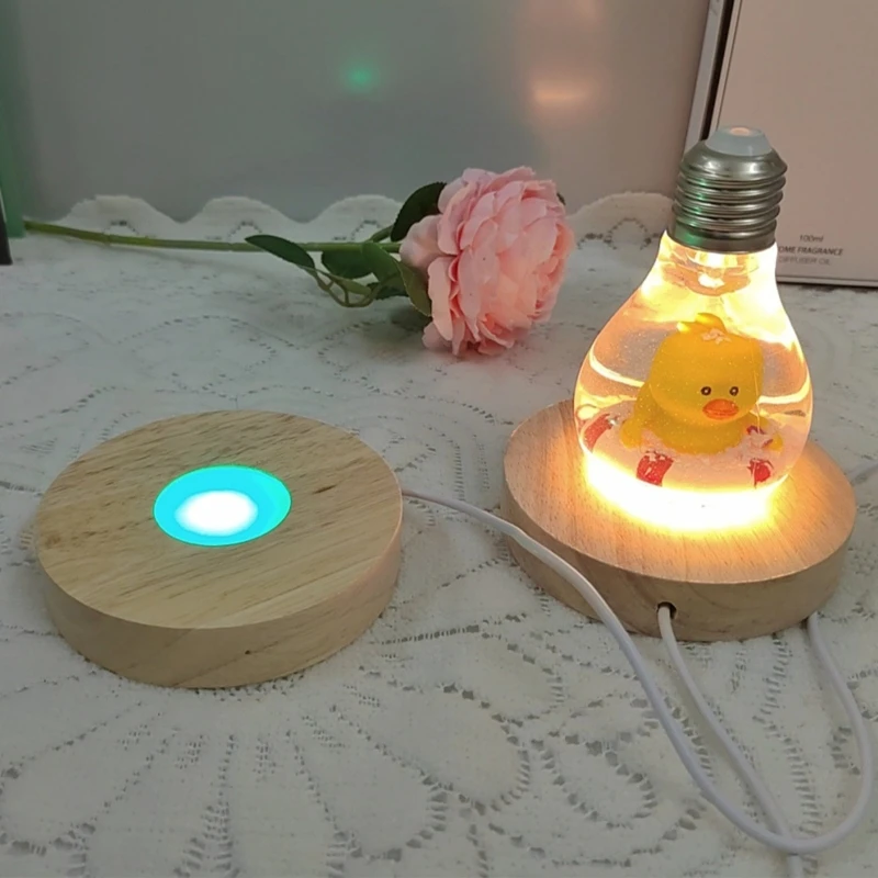 

Wood Round Light Luminous Base Wooden LED Display Holder Stand with 6 LEDs for 3D Crystal Glass Resin Arts Resin Home