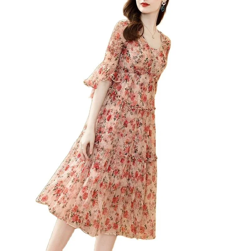 

Women Chiffon Floral Printed Dress Summer Flare Sleeve High Waist Draped V-Neck A-Line Fairy Print Dresses For Women