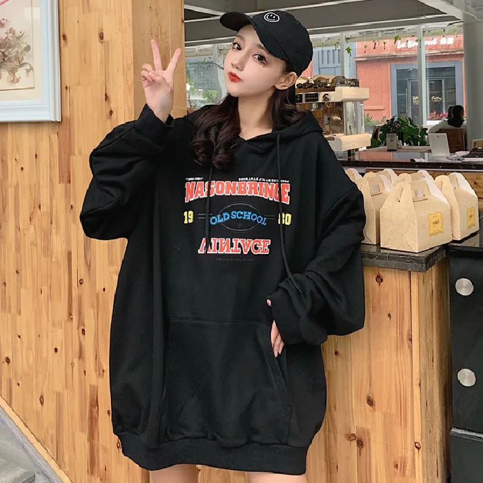 

Oversized Hoodie Red Black Women's Sweatshirt Letters Print Korean Fashion Hooded Long Sleeve Plus Size Pullover Sweatshirts