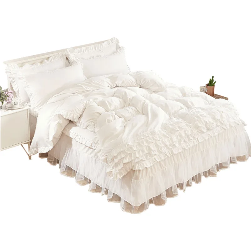 

Korean romantic lace princess white girl pink bed skirt quilt cover four-piece bed