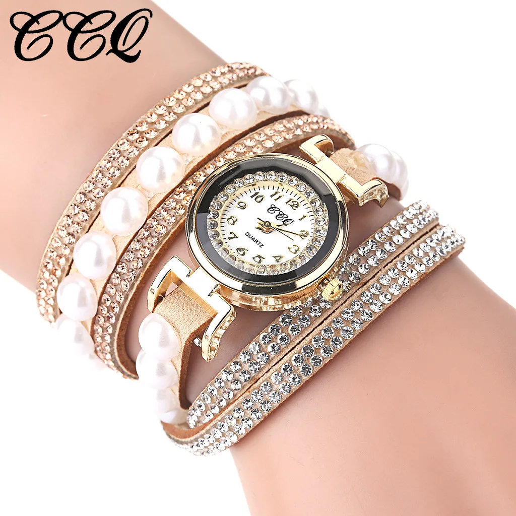 Женские часы CCQ винтажный Сияющий браслет с жемчугом и кристаллами циферблат