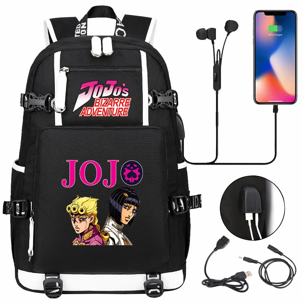 JOJO Bizarre Adventure Backpack Black Bookbag Cartoon School Bags for Teenage Kids Travel Bagpack USB Laptop Shoulder Bags
