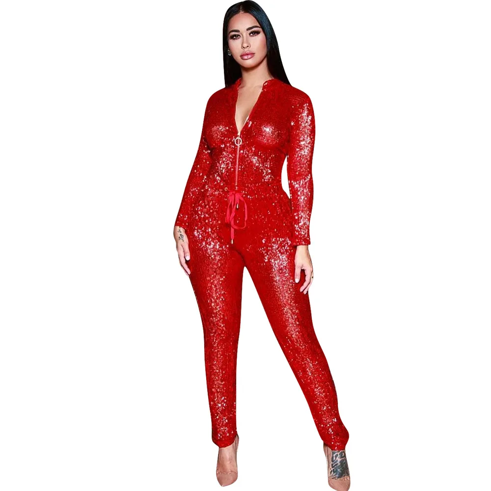 Женский комбинезон с блестками, серебристо-красный, на молнии, с поясом, с длинными рукавами, облегающий сексуальный комбинезон, Классический комбинезон, SLM941