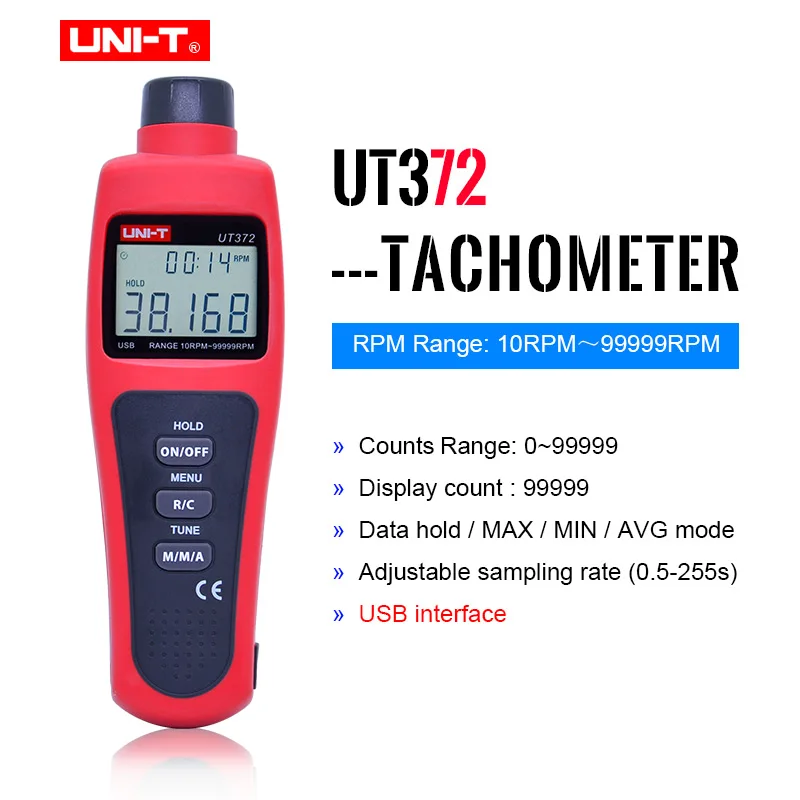 

UNI-T UT372 бесконтактные Тахометры, целевой диапазон об/мин 10 ~ 99999 Макс/мин/Расстояние тестирования AVG 5 ~ 20 см, USB-интерфейс