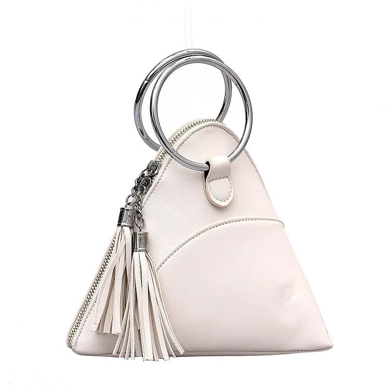 

Simple Triangle PU Leather wrist Clutch bag For Women 2021 Mini Handbags and Purses Fashion Iron ring Handle tassel Chain Design