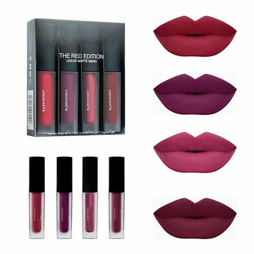 

4 Pieces Moisturizer Matte Liquid Lip Gloss Set Mouth Red Lip Glaze Stick No Fading Cosmetics Make Up Tools Mini Lip Glaze