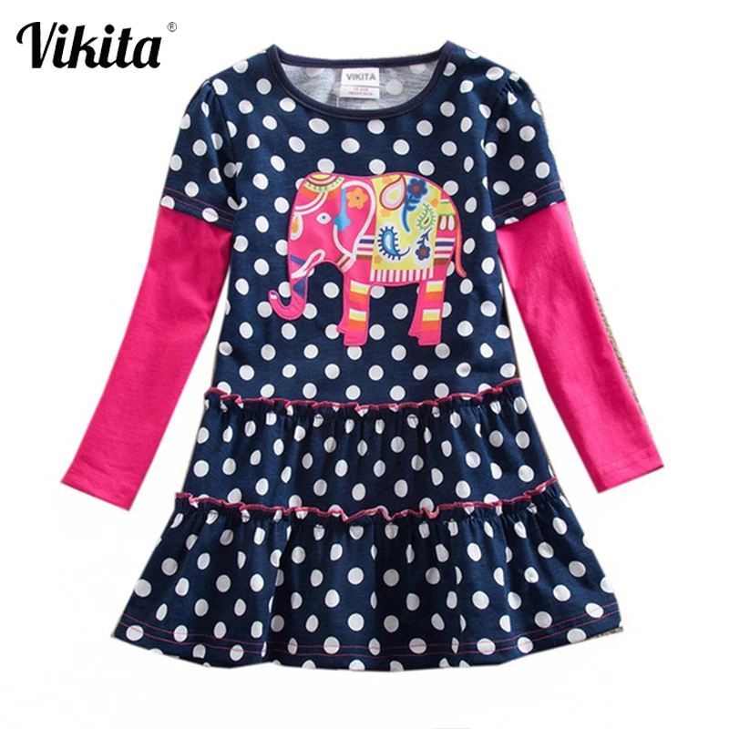 VIKITA Baby Girls Dress Toddlers Animal Cartoon Long Sleeve Princess Dresses Children Clothing for Kids Patchwork LH605 | Детская одежда