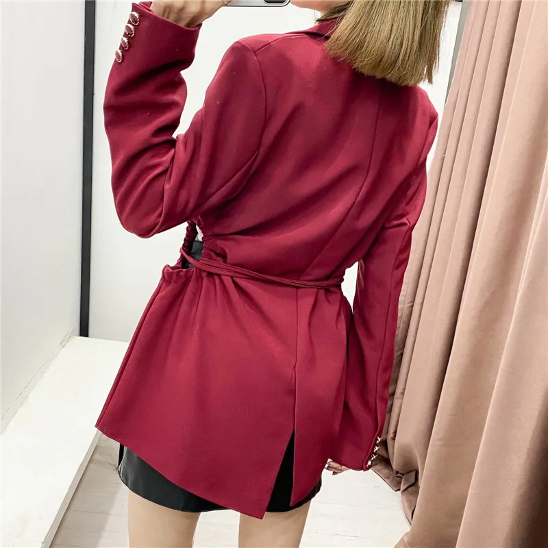 

Za 2021 Cut Out Long Blazer Women Vintage Shoulders Pads Ruched Red Office Lady Blazers Coat Woman Self Tie Summer Outerwear Top
