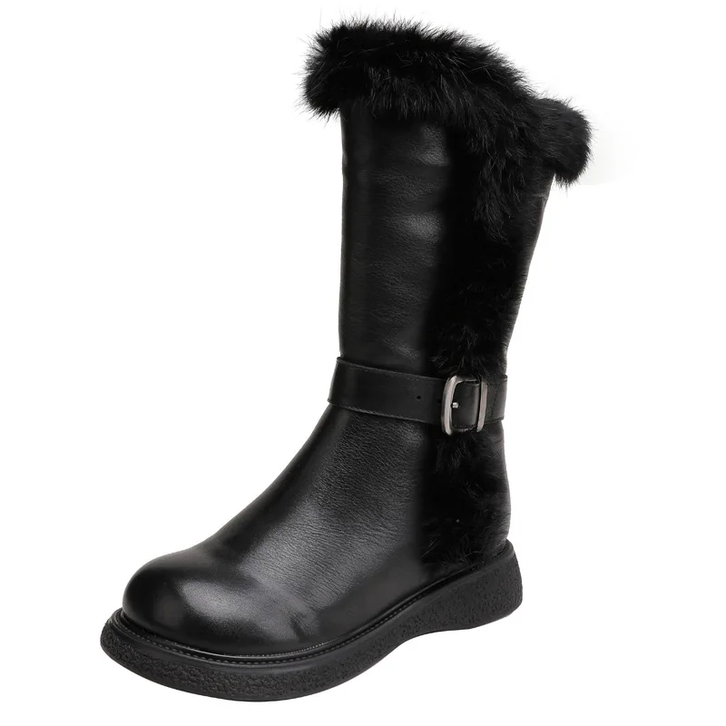 

YourSeason Genuine Leather Ladies Winter Warm Thick Plush Long Boots Zip 2022 Women Flat With Casual Handmade Shoes Round Toe