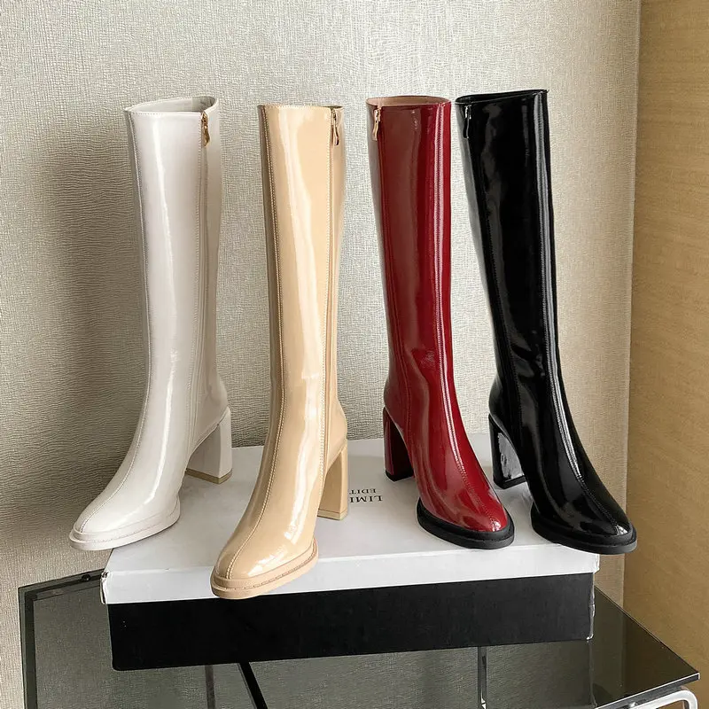 

Женские ботинки из лакированной кожи, однотонные длинные ботинки на высоком устойчивом каблуке, с круглым носком, Осень-зима 2021