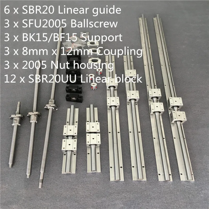 

SBR 20 Linear Guide Rail 6 Set SBR 20 - 300/700/1100mm + Ballscrew Set RM2005 SFU2005 - 350/750/1150mm + BK/BF15 CNC Parts