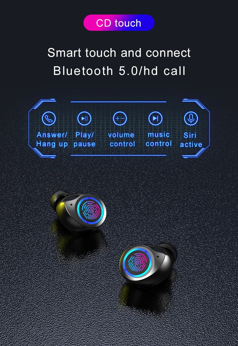 

TWS Bluetooth 5.0 Earphones Touch Control Stereo Wireless Headphones IPX5 Waterproof Music Headset Earbuds