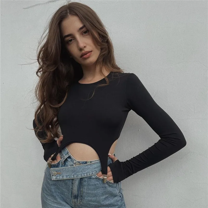 Женский укороченный Топ с длинным рукавом осенняя черная облегающая короткая
