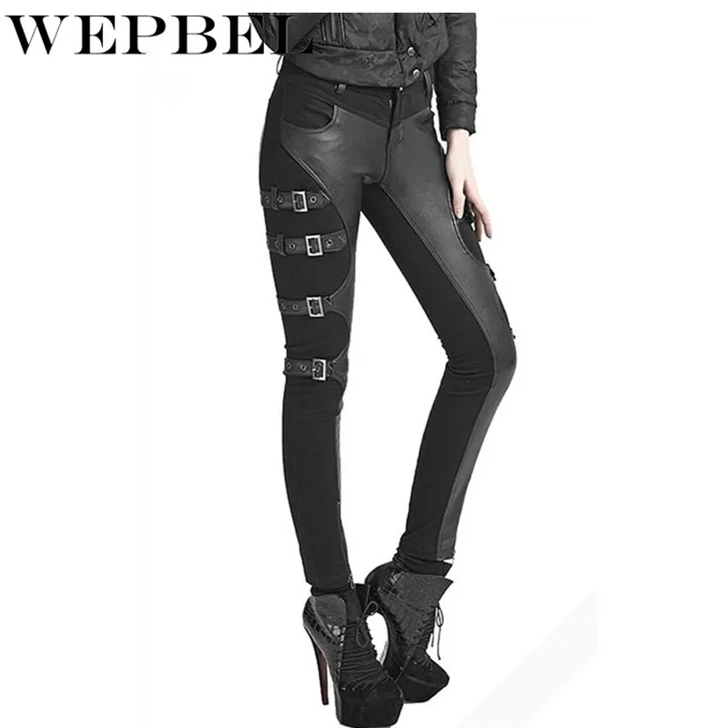 

WEPBEL Men's Steampunk PU Leather Pant Black Motorcycle Rock Roll Slim Legging Pants Spring Autumn Warm Long Pants Plus Size