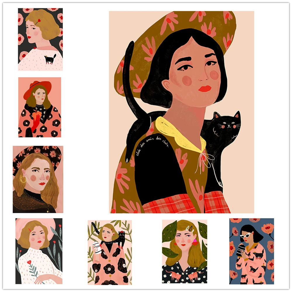 

Fashion Colorful Girl with Cat Wall Art Canvas Painting Nordic Poster Vintage Cuadros Wall Pictures For Living Room Unframed
