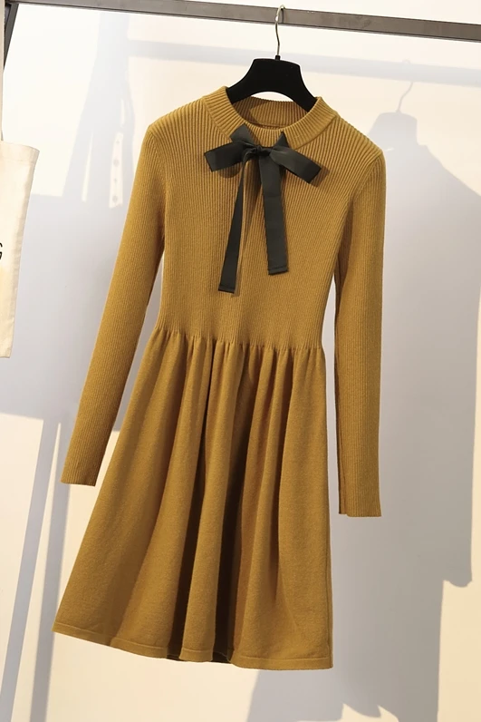 Женское осенне-зимнее платье большого размера с длинным рукавом и бантом |