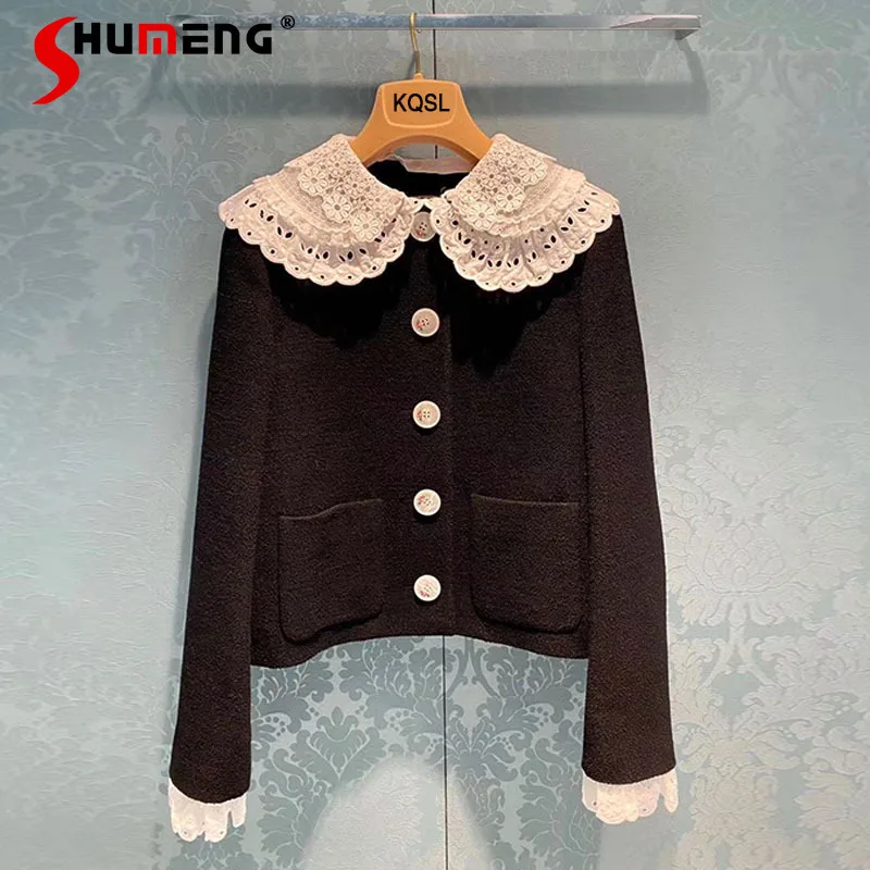

2021 Autumn New Ladies Hepburn Style Embroidered Lace Doll Collar Jacket Women's Fashion Single-Breasted Lapel Long Sleeve Coat