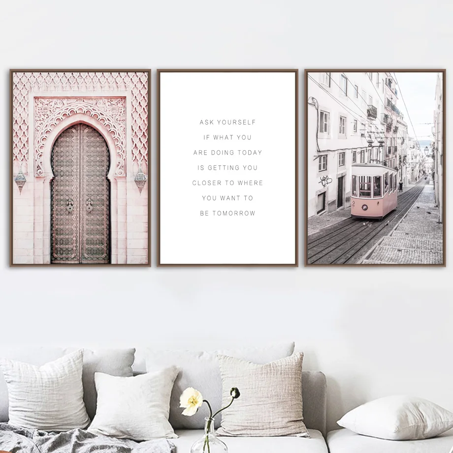 

Pink Feather Peony Morocco Door Paris Bus Wall Art Canvas Painting Nordic Posters And Prints Wall Pictures For Living Room Decor
