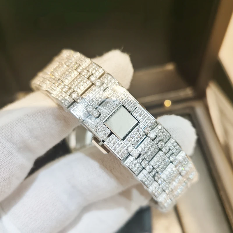 

Silver iced out watch Arabic numbers Swiss Eta movement excellent quality sapphire glass glide smooth second hand watches