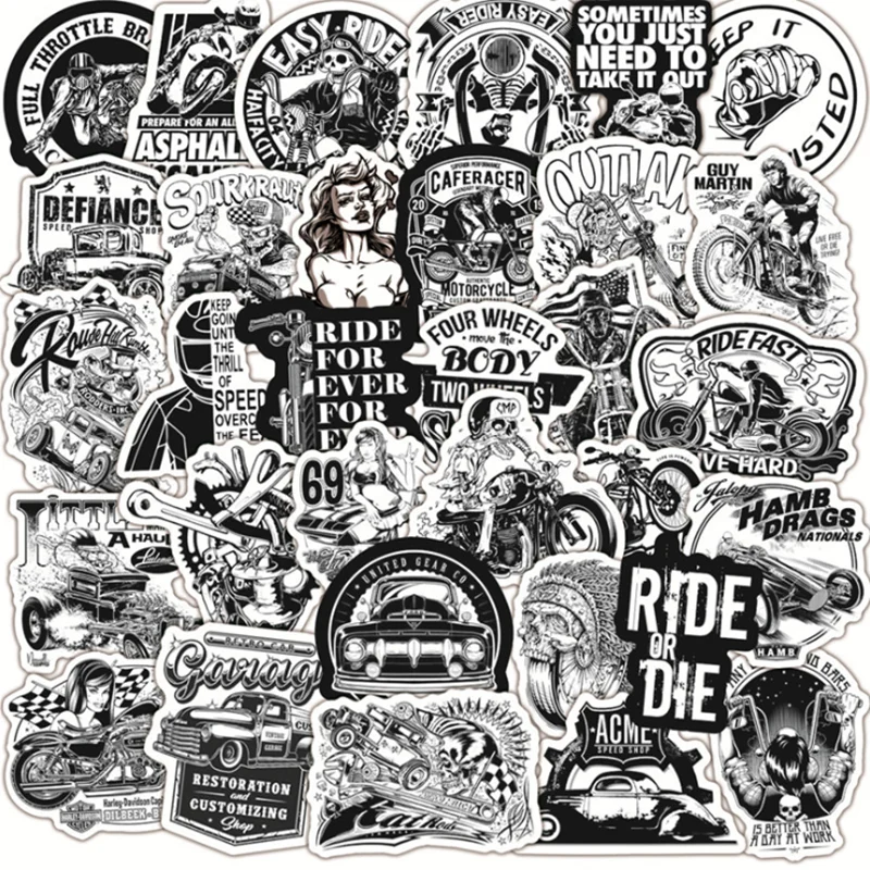 

10/30/50 PCS Black and White Classic Car Motorcycle Waterproof Trolley Case Graffiti Sticker Toy Decoration Wholesale