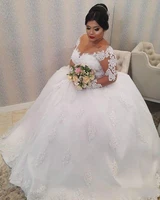 african plus size ball gown wedding dresses bridal gowns scoop neck long sleeves illusion lace appliques crystal beads sweep