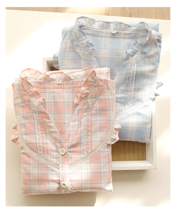 

Plaid Pajamas for Girls 2021 Summer Cotton Thin Short-Sleeved Trousers Sleepwear Two-Piece Set V-neck Lace Fresh Night Wear