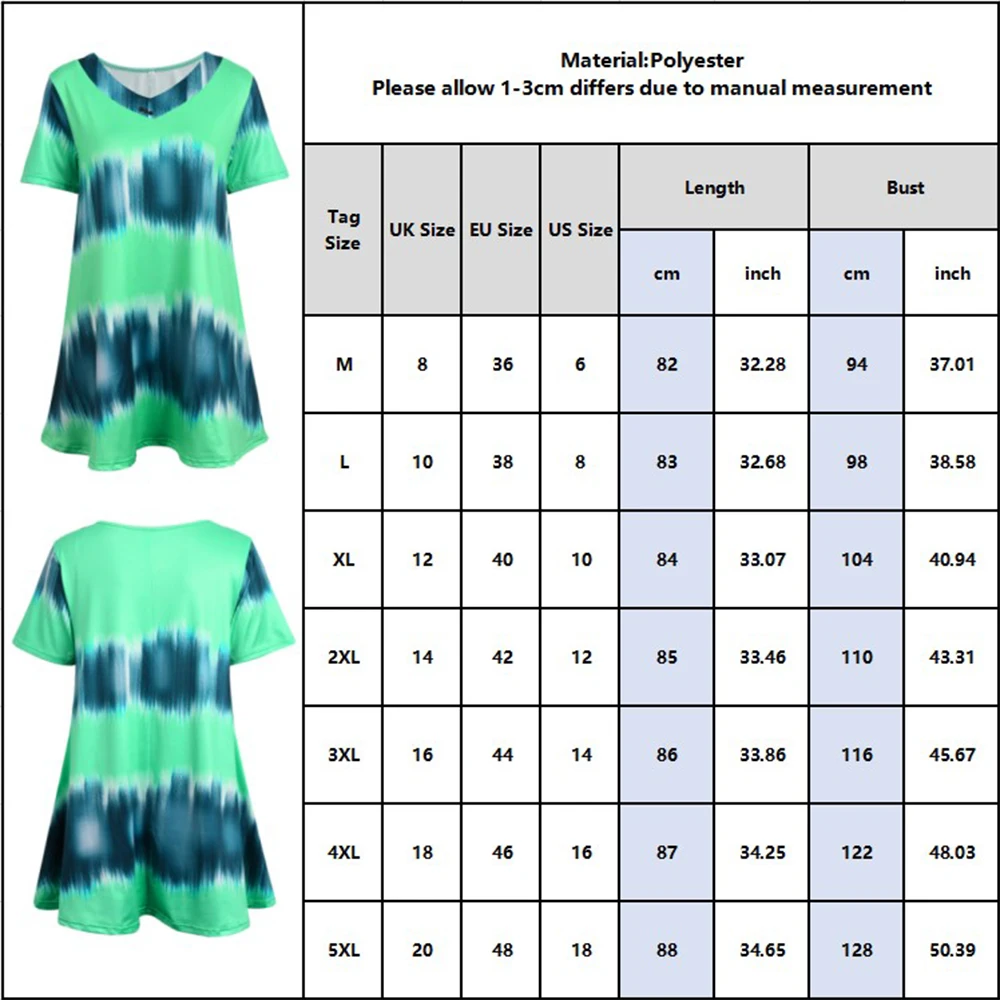 

5XL Plus Size Women V Neck Tie Dyed Tops Gradient Short Sleeve Blouse Female Summer Shirts Loose Pullover Pleated T Shirt D30