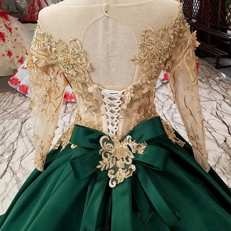 

LS39541 long sleeve green evening dress A-line lace up back satin formal dress for wedding party with heavy handworking flowers