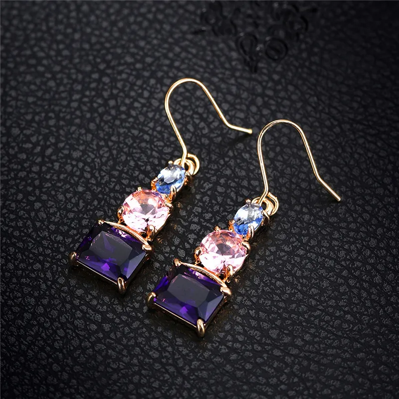 

Luxury Female Blue Pink Purple Crystal Drop Earrings Charm Gold Color Wedding Earrings For Women Trendy Geometry Dangle Earrings