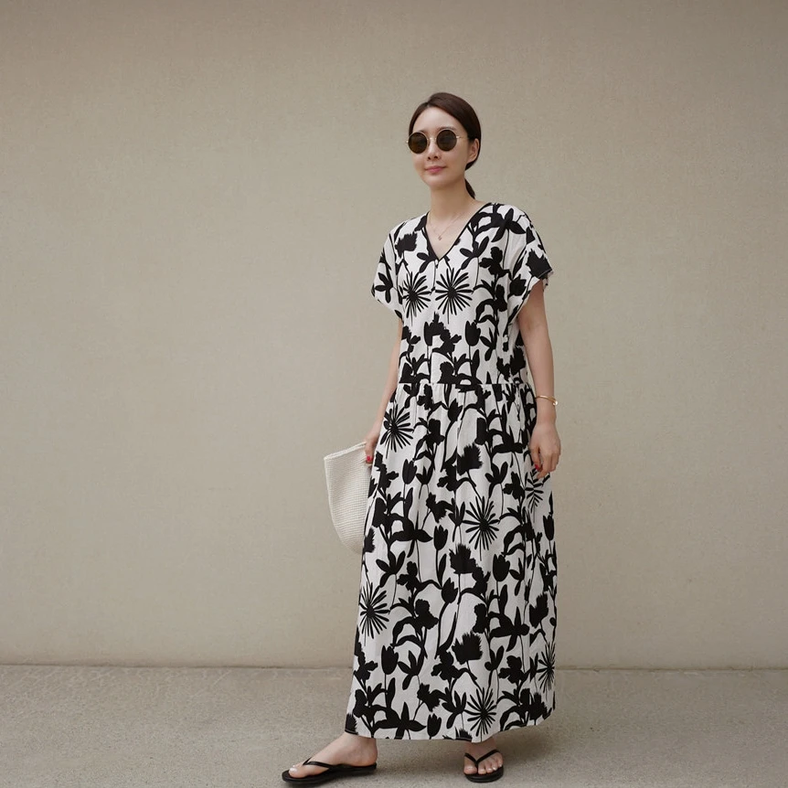 

Japan Style Vintage Ankle Length Dress Women Summer Casual Floral Clothing Print Robe Ladies V-neck Pattern Dress Lady