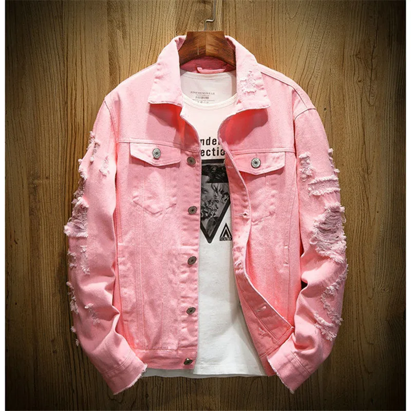 

2021 Autumn New Men's Jean Jacket Slim Fit Cotton Denim Jacket Red White Black Ripped Hole Jean Coats Men Outerwear Plus size