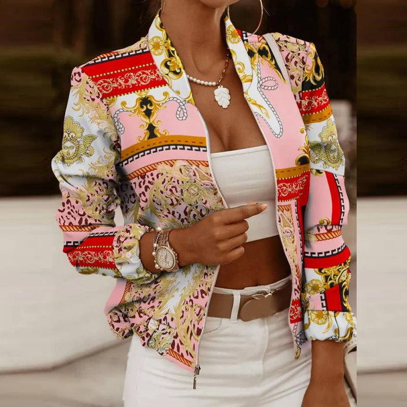 

2021 Autumn Women Casual Jacket Fashion Long-sleeved Sexy Zipper Printed Cardigan Short Coat Vintage Slim Elegant Ladies Outwear
