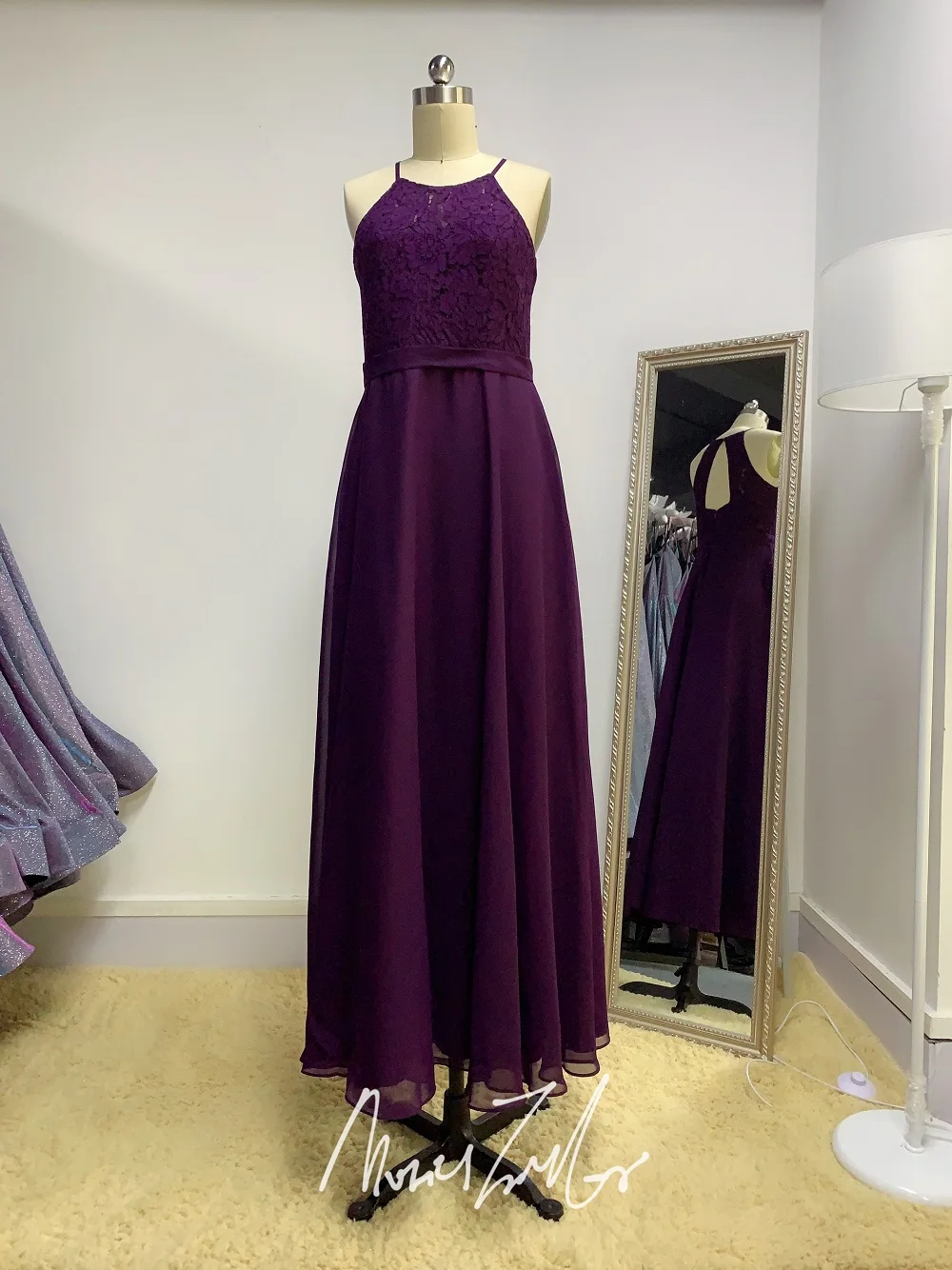 

plum purple chiffon lace long bridesmaid dress 2020 o-neck different nice luckgirls mocini tailor-Broken code on sale