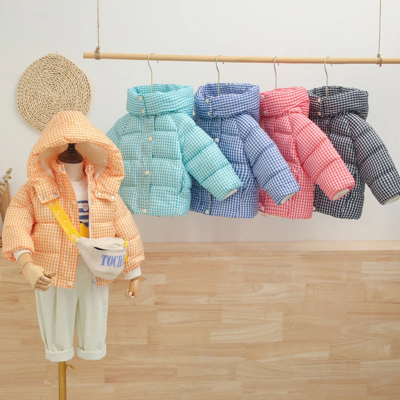 

Children Clothing Winter Baby Girls Boys Plaid Hooded Cotton Padded Coats Fashion Korean Thick Warm Velvet Jacket Kids Outerwear