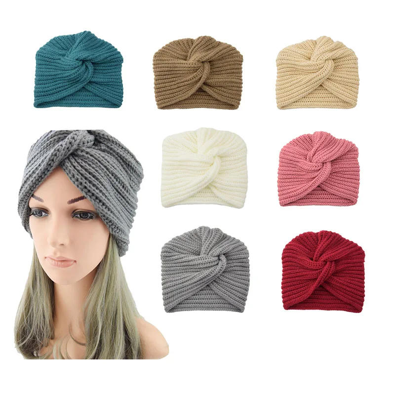

QCOOLJLY Boho Style Women Knot Bandanas Fashion Knitting Warm Muslim Scarf Autumn Winter Turban Cap Solid Color Cross Headscarf