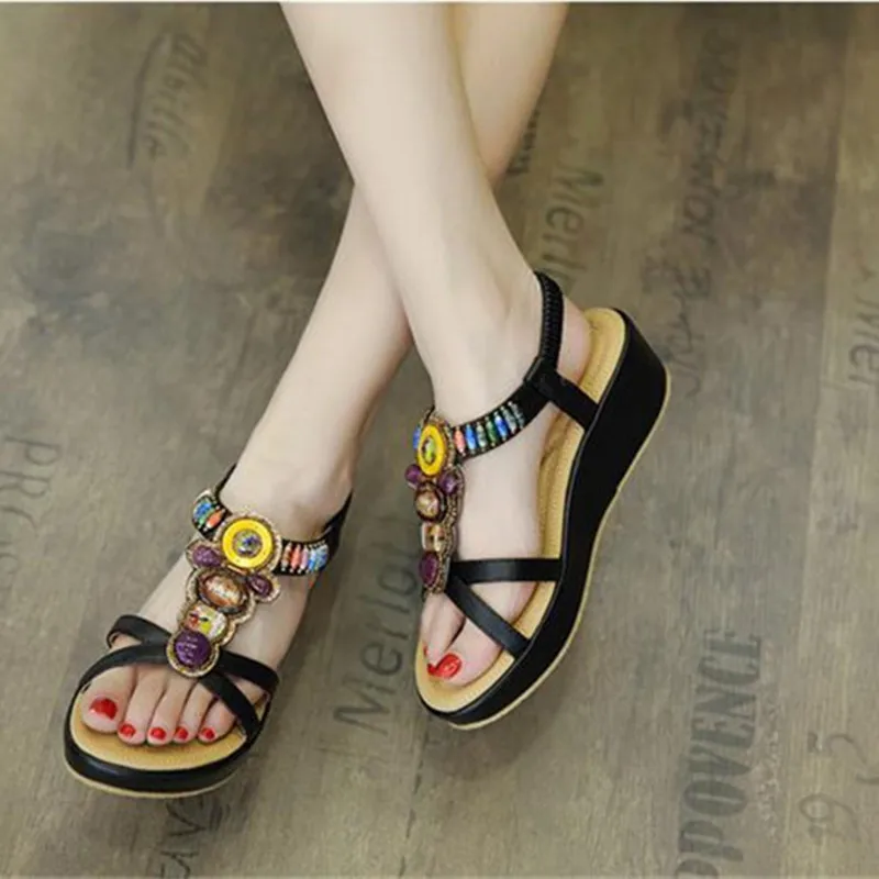 Bohemia style Ladies Sandals Wedges Heels Beach Sandals Women Summer Mid Heels Casuales Wedge Sandals Woman Shoes Big Size 42