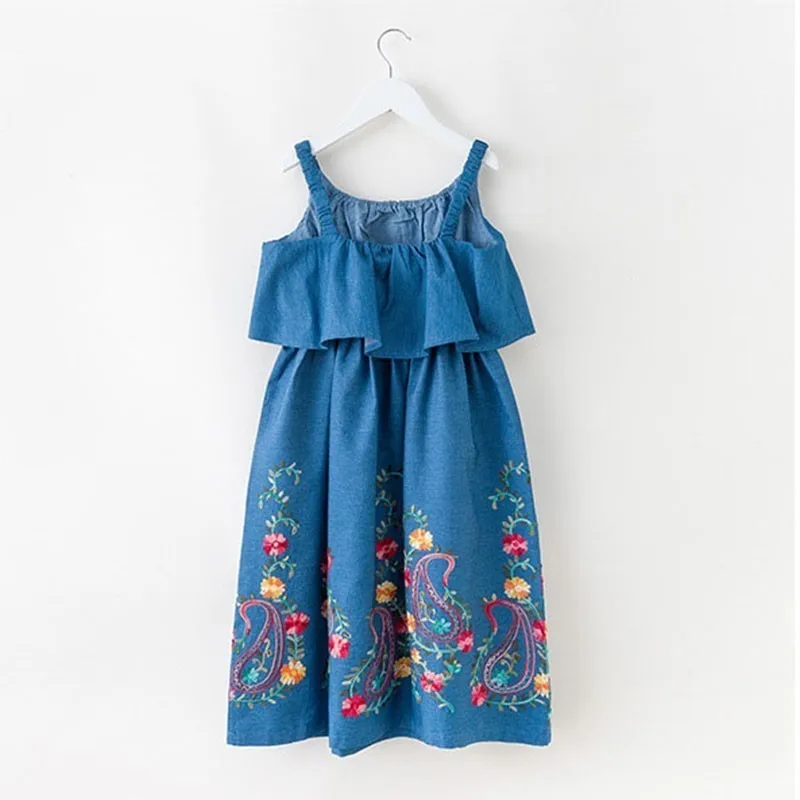 

Blue Embroidery Ruffles Princess Dresses For Teenage Girls Clothes Kids Denim Sundress Clothes Kids 2020 Summer Beach Dress