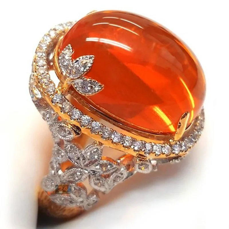 Squisito anello di lusso due colori 14K oro fiore vuoto gioielli da sposa diamante solitario naturale gemma arancione anello di fidanzamento