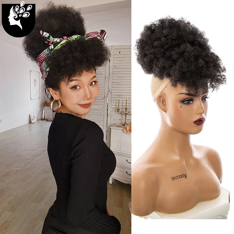 

Synthetic Hair Bun Afro Kinky Curly Chignon with Bangs Drawstring Ponytail Afro Puff Hair pieces For Women Clip Hair Extension