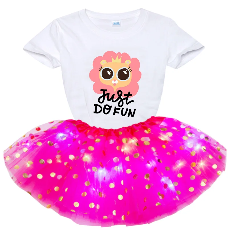 T Shirt+Glowing Skirts Set Kids Mesh Miniskirts Girls Princess Stars Glitter Dance Ballet Tutu Sequin Party Girl Glowing Skirt