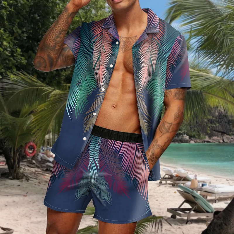 

New Men Hawaii Suit Print 2021 Summer Short-Sleeved Button Shirt Beach Shorts Street Unique Youthful Vitality Male Wear 2 Piece
