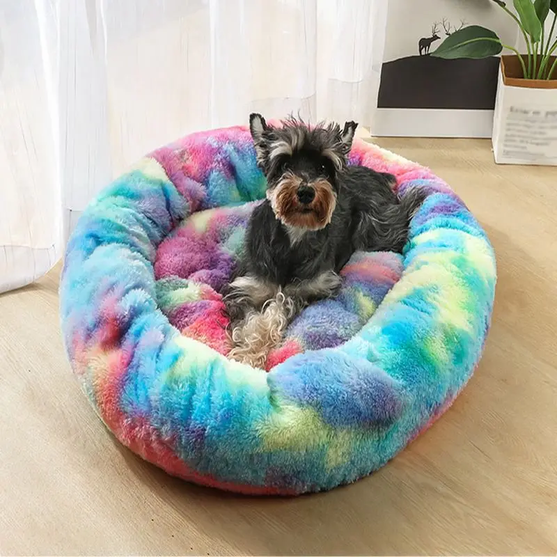 

House Round Plush Cat Dogs Bed Soft Long Plush Cat Bed Round Dog Bed For Small Cats Nest Winter Warm Sleeping Bed Puppy Mat D2