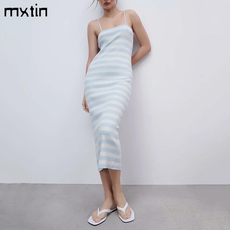 

MXTIN 2021 Women Summer Sexy Striped Knitted Dress Vintage Square Collar Backless Slim Female Party Dresses Vestidos Mujer